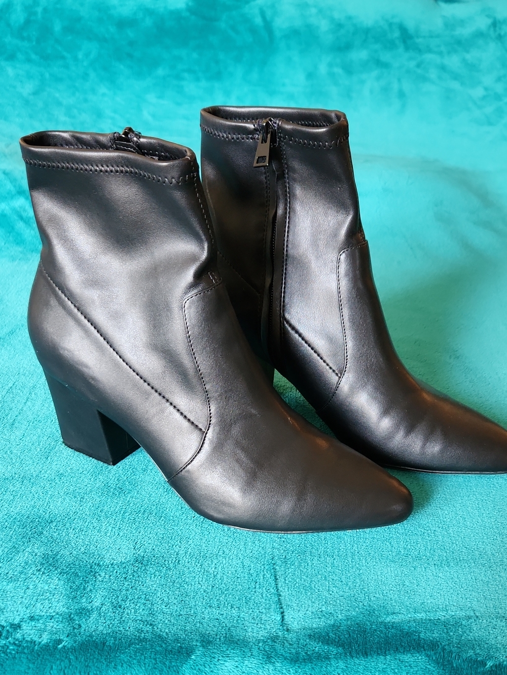 Women's Black Leather Ankle Boots with Block Heel - Size 10